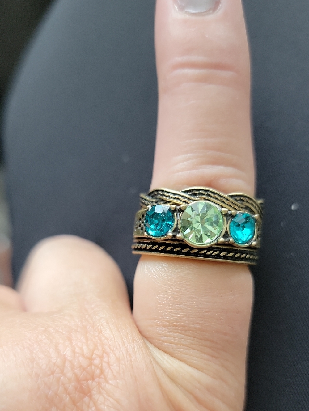 Vintage-Style Triple Gem Ring in Teal and Light Green